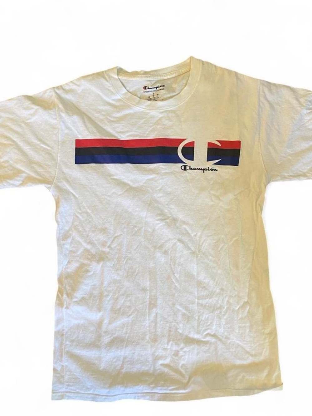 Champion White Tee with Red & Blue Stripe Chest Graphic